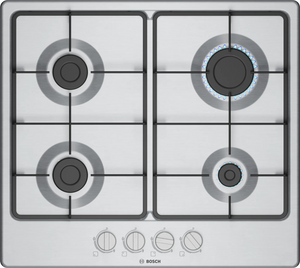 Top view of Bosch PGP6B5K60Z stainless steel four-burner gas hob