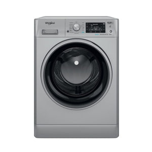 Whirlpool FFD9448SBCVSI silver front load washing machine with black glass door and digital display