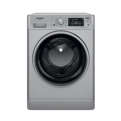Whirlpool FFD9448SBCVSI silver front load washing machine with black glass door and digital display