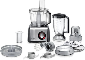 Bosch MultiTalent 8 food processor, 1250 W, black and brushed stainless steel, with attachments shown
