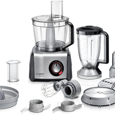 Bosch MultiTalent 8 food processor, 1250 W, black and brushed stainless steel, with attachments shown
