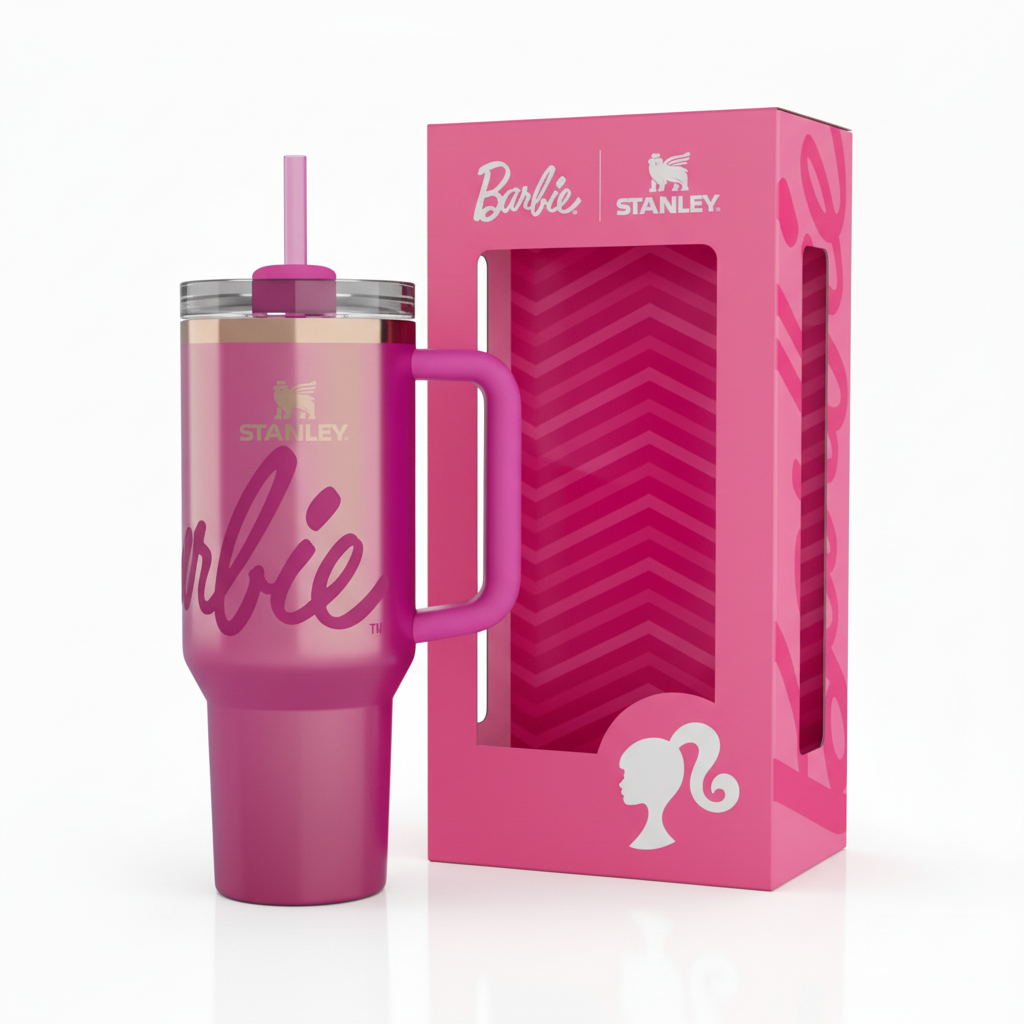 Barbie Stanley tumbler left, box right