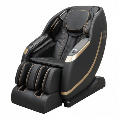Black Massage Chair with Gold Trim - 3/4 Angle