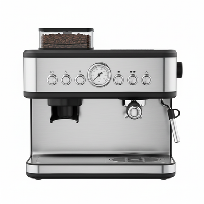 Espresso machine with grinder front view 8K