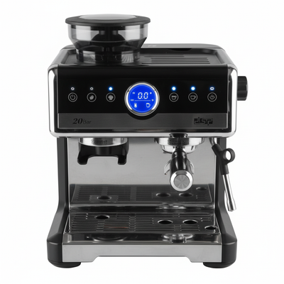 Espresso machine with grinder front view 8K