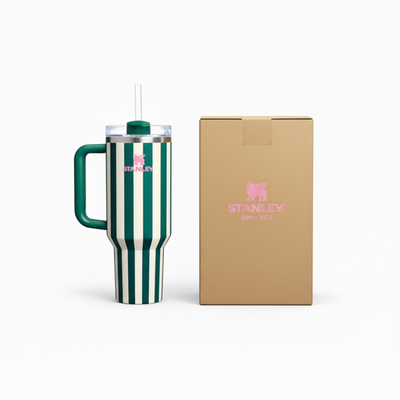 Green striped Stanley tumbler with plain brown kraft box