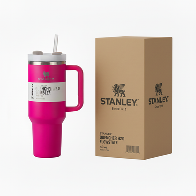 Hot pink Stanley tumbler with detailed branded box