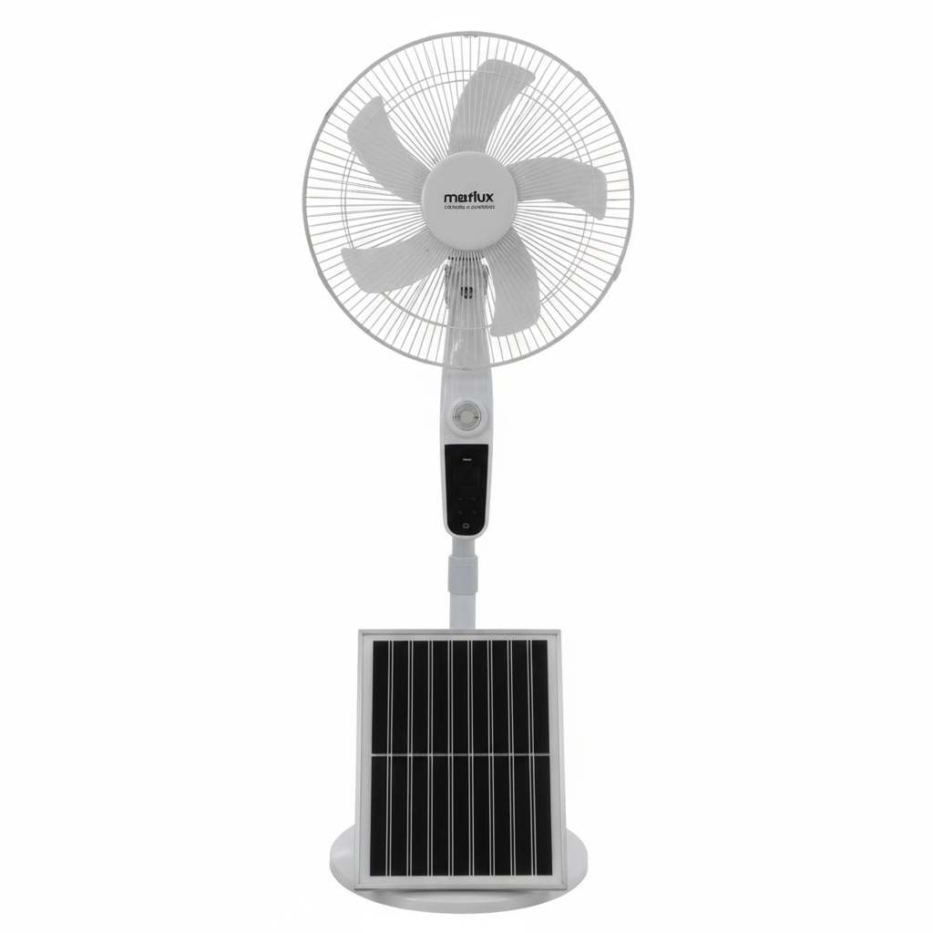 BYMART 16 inch Solar Rechargeable Stand Fan - Front view showing solar panel and control panel