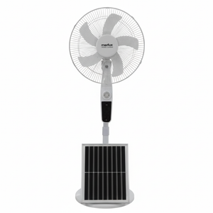 BYMART 16 inch Solar Rechargeable Stand Fan - Front view showing solar panel and control panel