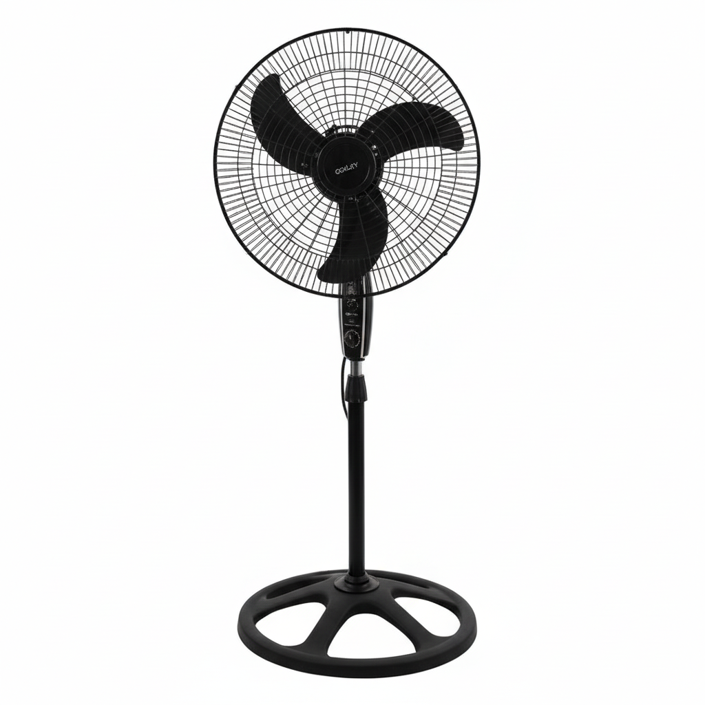 BYMART 18 inch GOLDY Stand Fan - Straight front view showing blade design and control panel