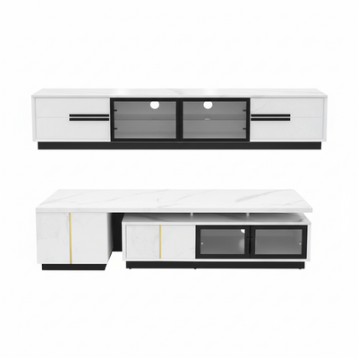 Modern white TV stand combo - front view showing dual-level entertainment unit with storage compartments