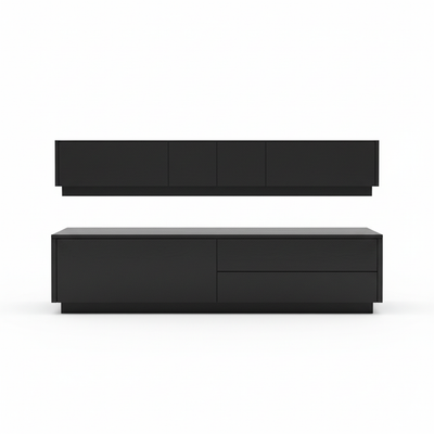 Premium black TV stand combo - front view showing dual-level luxury entertainment center