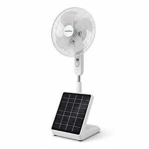 BYMART 16 inch Solar Rechargeable Stand Fan - 45-degree angle view showing solar panel array
