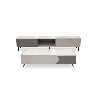 Scandinavian white and grey TV stand combo - front view showing light, airy two-tone entertainment unit