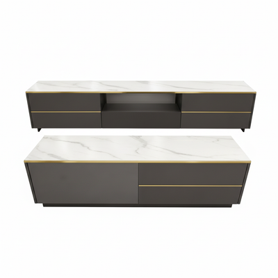 Modern two-tone grey and white TV stand combo - front view showing dual-level entertainment unit