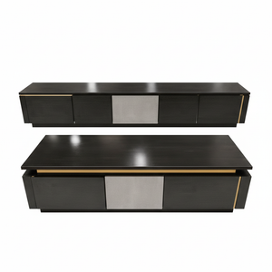 Designer tri-tone TV stand combo in black, white and grey - front view showing architectural entertainment unit