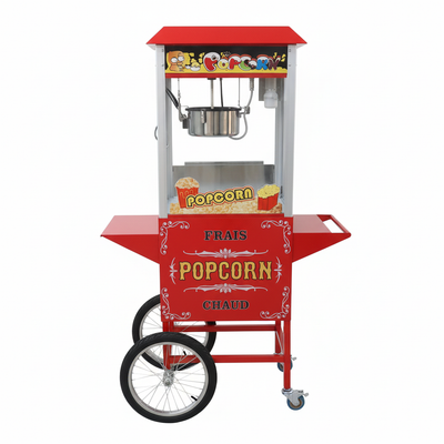 Commercial Popcorn Machine - Straight front view showing glass cabinet and vintage cart