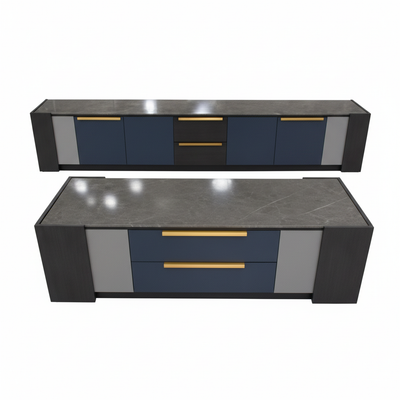 Contemporary dark grey TV stand combo - front view showing dual-level entertainment center with storage