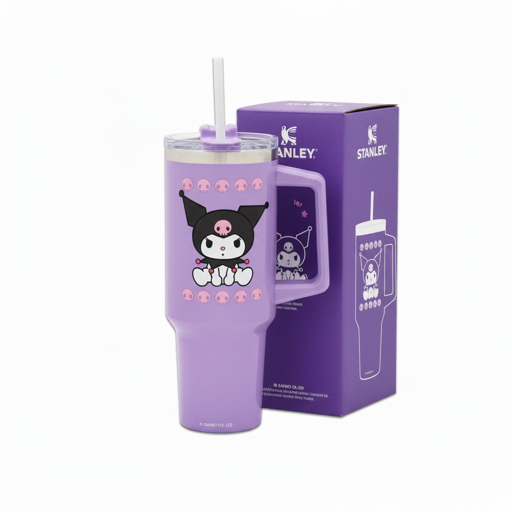 Kuromi Stanley tumbler with closed lid and straw