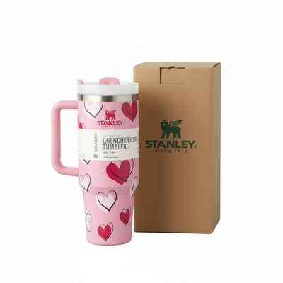 Pink Stanley tumbler with closed brown kraft box