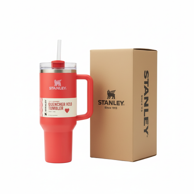 Red Stanley tumbler with clean brown kraft box