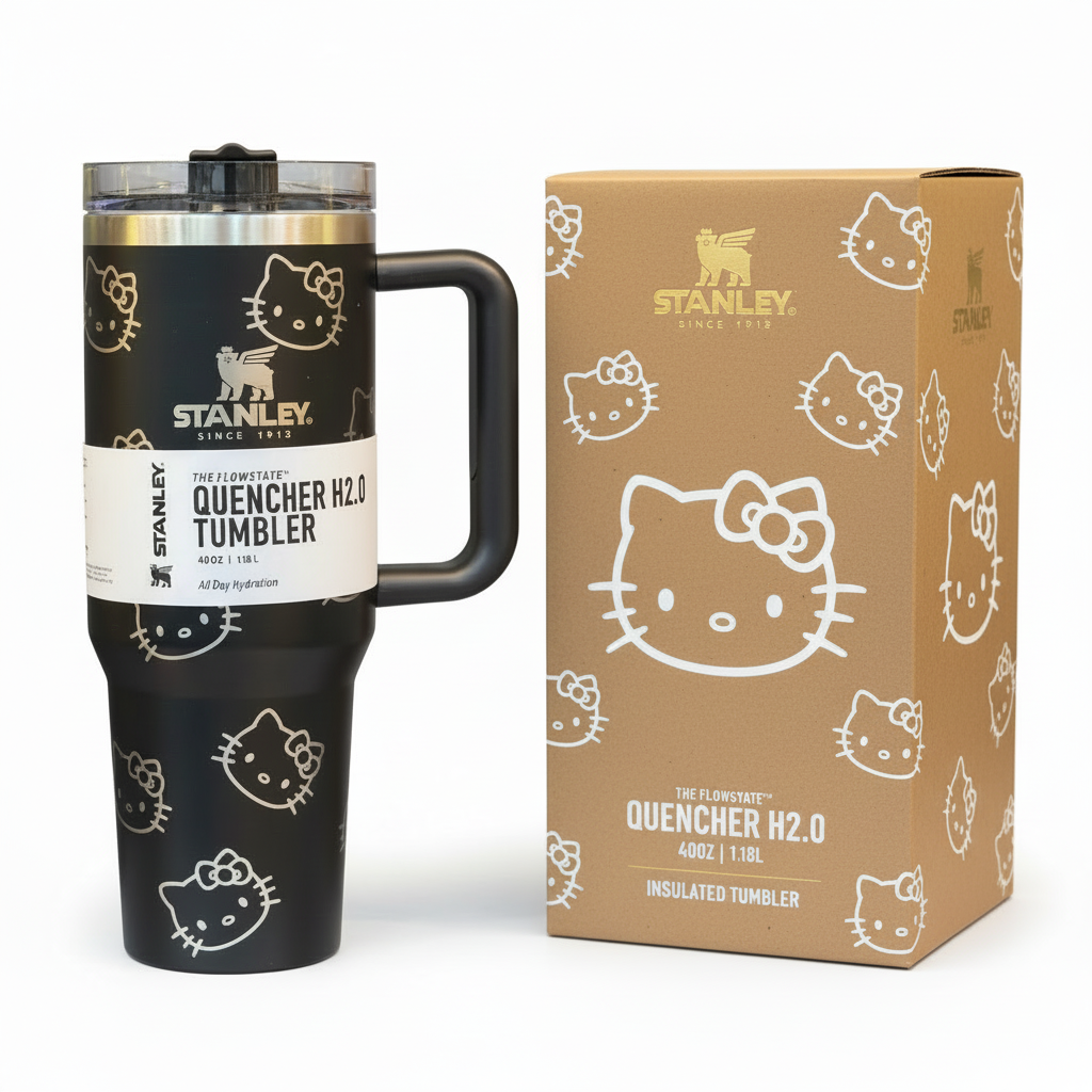 Stanley x Hello Kitty tumbler with kraft brown patterned box