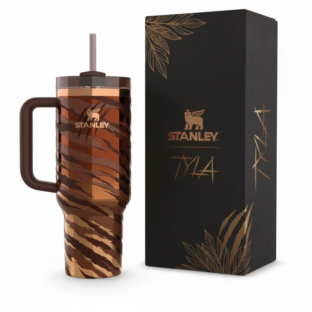 Stanley x Tyla tumbler on left with black box on right